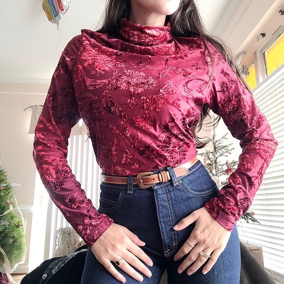 Vtg Sno Skins burgunday Burnout Velvet Long Seelve Turtleneck Top Sz L - Picture 2 of 5